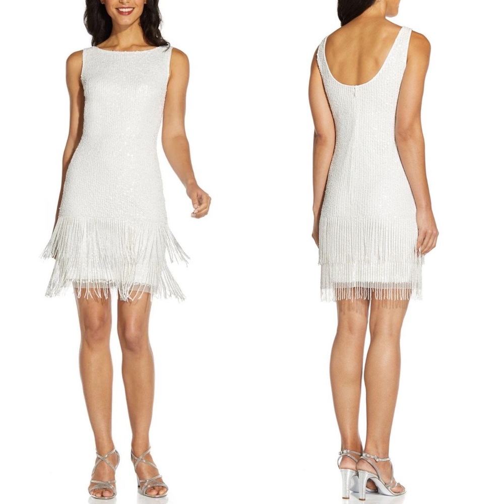 Adrianna Papell Beaded Fringe White Short Dress Size 0 Bridal Bride Wedding